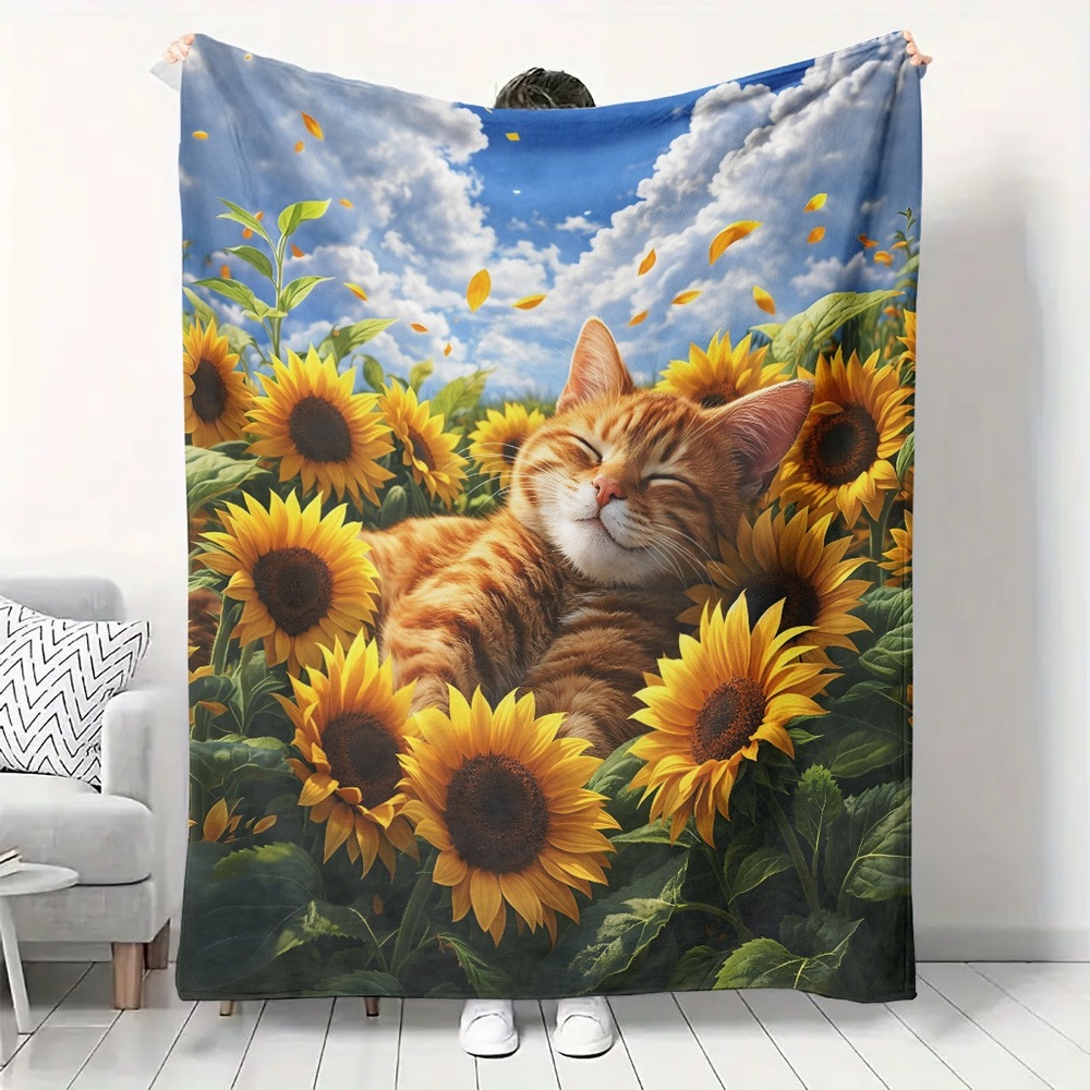 Sunflower Cat Plush Throw Blanket - Bright Yellow & Blue
